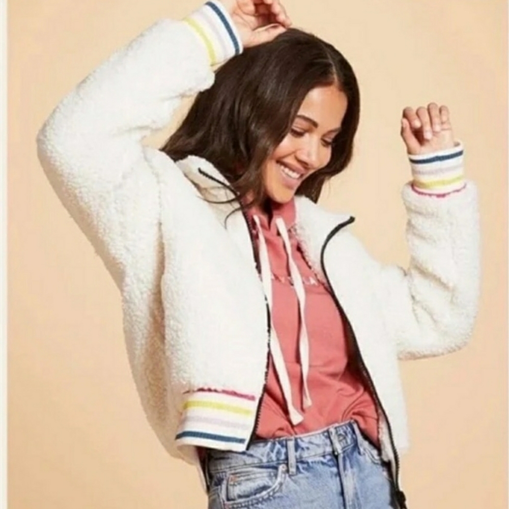 Ivory Ella Ivory Sherpa Full Zip Bomber Jacket Coat Size Medium